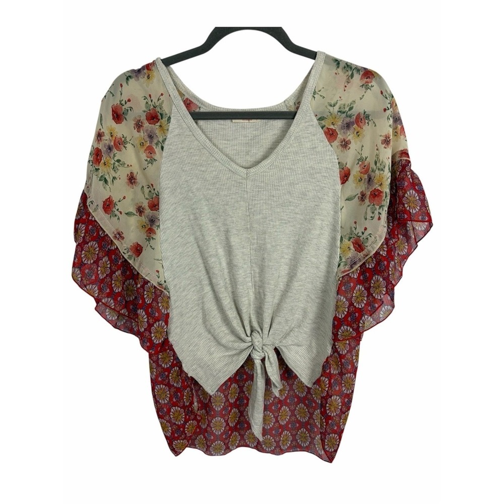 Hummingbird Boho Mixed Print Tie Front Flutter Sleeve Top Floral Size S